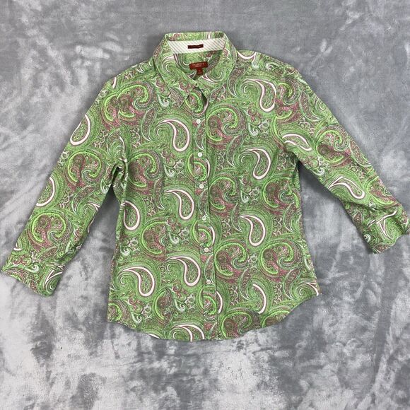 Talbots Wrinkle Free Top Women's 6 Green Paisley Long Sleeve Button Haberdashery - Picture 1 of 7